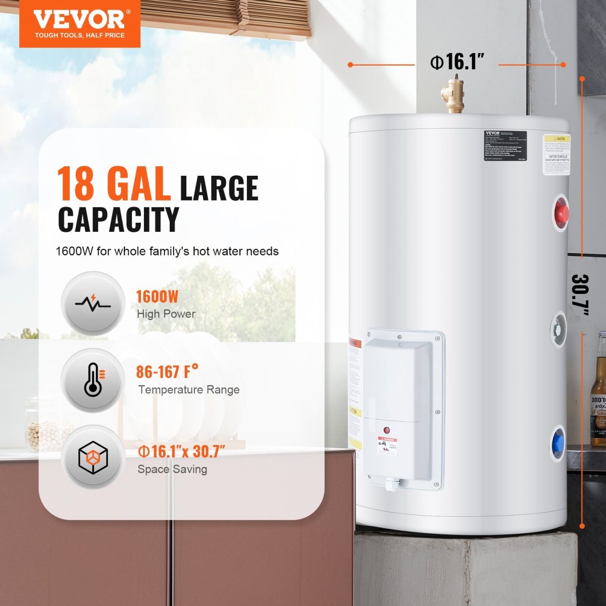 Electric Water Heater, 18 Gallon Tank Instant Hot Water Heater, 1.6Kw Tankless Water Heater w/ LED Display,Knob Control, IPX4 Waterproof Side Connection On Demand Heaters for Shower, Bath - Image 2