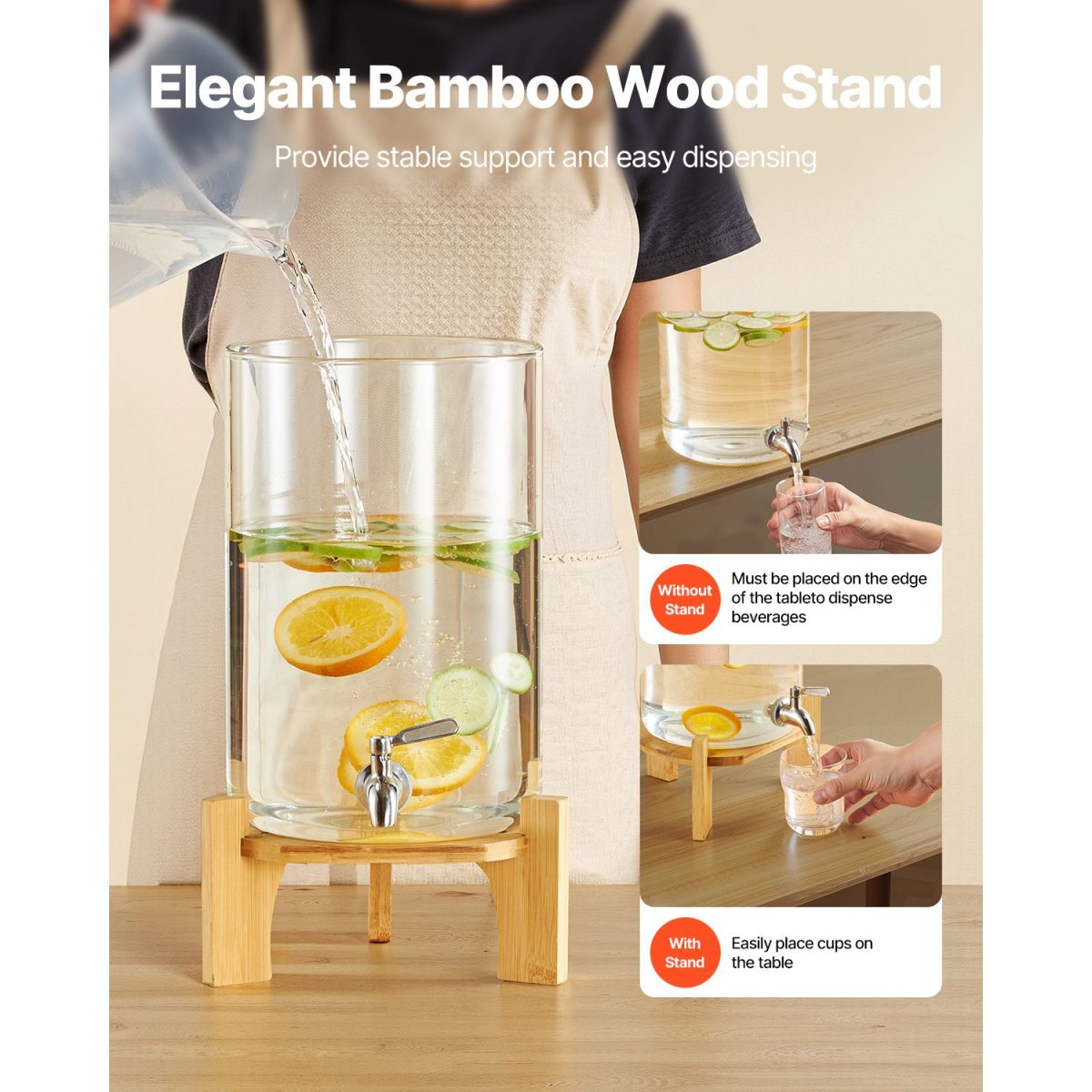 Beverage Dispenser, 2.2 Gallon Drink Dispensers for Parties, Glass Juice Dispenser with Wood Stand, Stainless Steel Spigot, Iced Tea Lemonade Juice Water Dispensers for Parties - Image 5