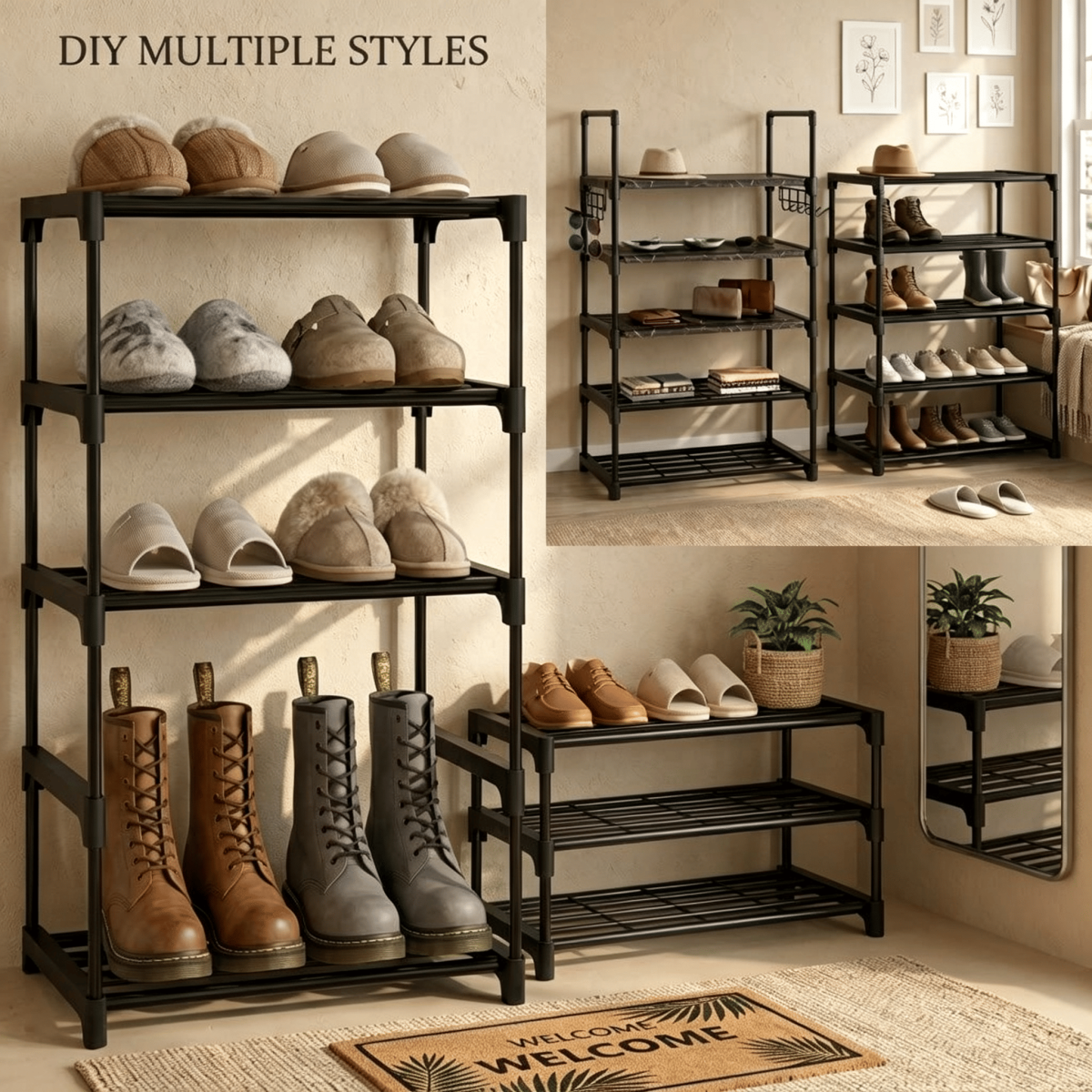 10 Tier Shoe Rack Narrow Shoe Shelf Tall Metal Shoe Storage Organizer for Entryway Closet, Freestanding Boot Rack with Hooks, Holds 20-24 Pairs, Includes Wooden Mallet and Non Slip Gloves - Image 2