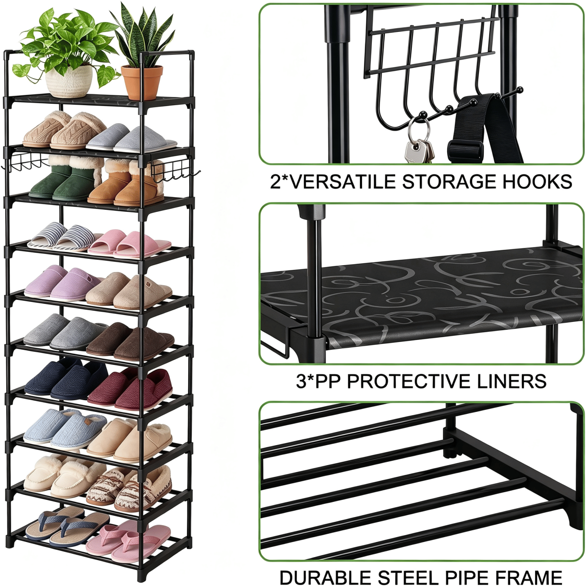 10 Tier Shoe Rack Narrow Shoe Shelf Tall Metal Shoe Storage Organizer for Entryway Closet, Freestanding Boot Rack with Hooks, Holds 20-24 Pairs, Includes Wooden Mallet and Non Slip Gloves - Image 4