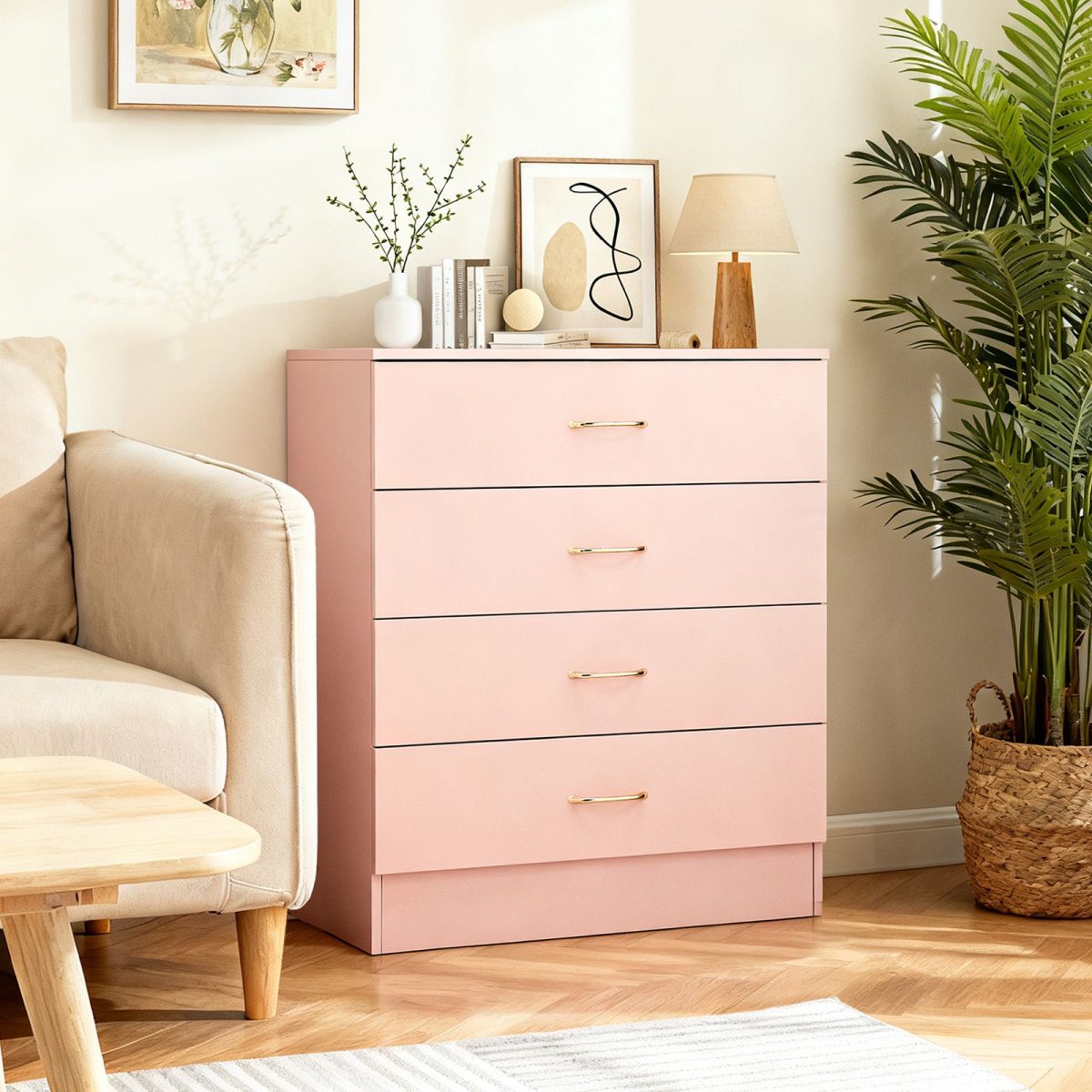 25.98"*12.99"*30.42" 4-Drawer Cabinet Faux Rose Gold Handles Pink - Image 10