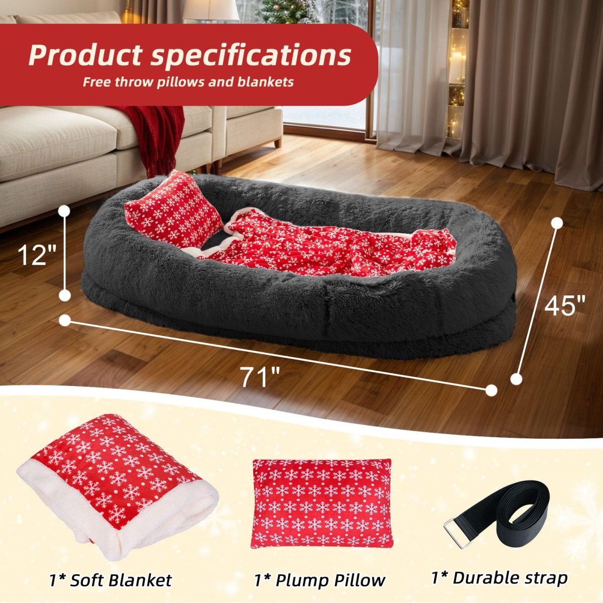 Human Dog Bed, Large Size Fits You and Pets, Washable Faux Fur Dog Bed for People Doze Off, Napping Orthopedic Dog Bed, Present Plump Pillow, Blanket, Strap - Image 15