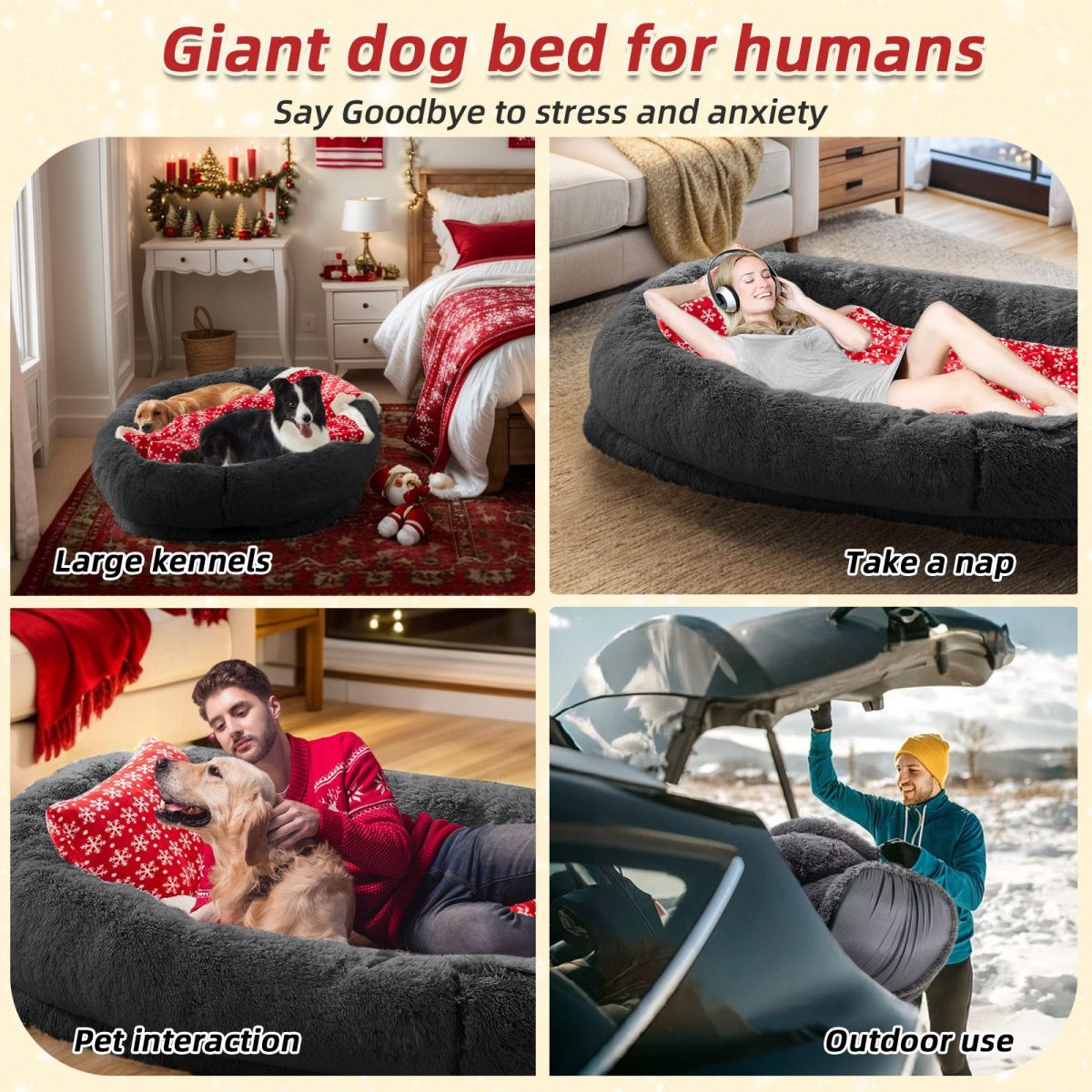 Human Dog Bed, Large Size Fits You and Pets, Washable Faux Fur Dog Bed for People Doze Off, Napping Orthopedic Dog Bed, Present Plump Pillow, Blanket, Strap - Image 17