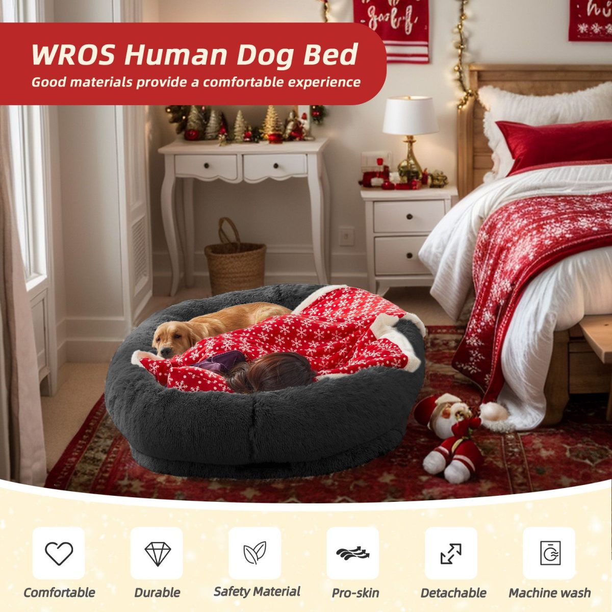 Human Dog Bed, Large Size Fits You and Pets, Washable Faux Fur Dog Bed for People Doze Off, Napping Orthopedic Dog Bed, Present Plump Pillow, Blanket, Strap - Image 18