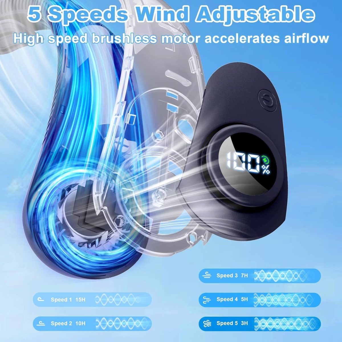 Portable Neck Fan that Blow Cold Air, LED Display, Rechargeable Hands-Free Wearable Cooling Personal Fan, 5 Speed, Neck Support, Bladeless Neck Air Conditioner, Gifts for Women/Men, Hot Flashes - Image 7
