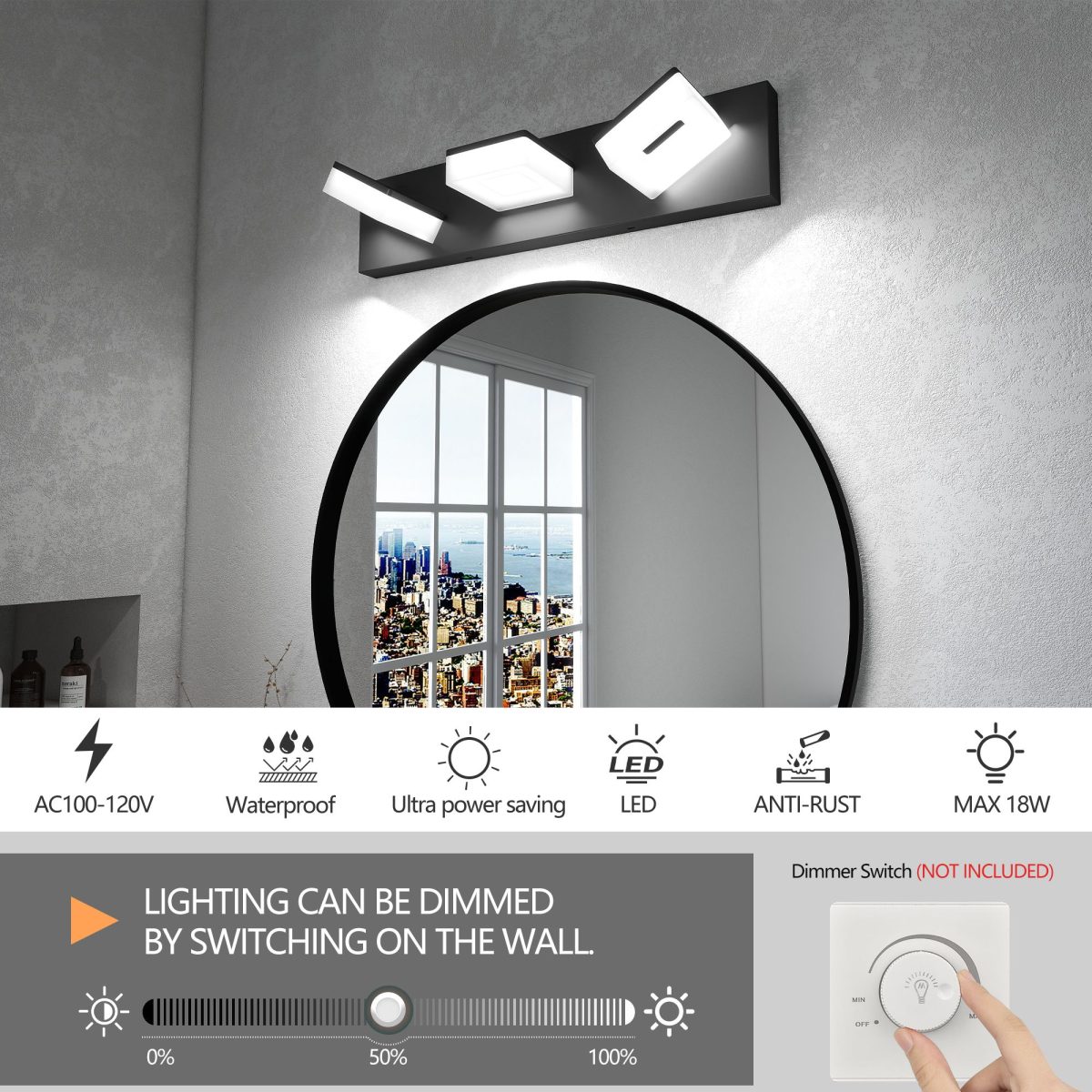 LED Modern Bathroom Vanity Light Fixtures (3-Light, 20-Inch), Matte Black Modern Acrylic Bathroom Wall Lighting Fixtures Over Mirror (Cool White 6000K) - Image 5