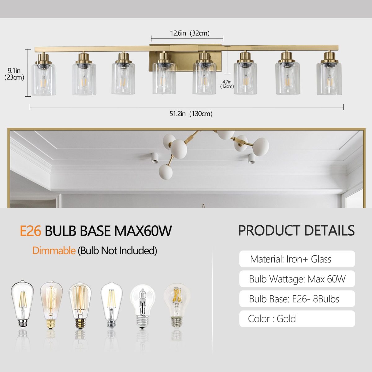 51" Golden 8-Light Vanity Light with Clear Glass Shades, Modern Iron Metal Bathroom Wall Fixture for Mirror, Ideal for Bathroom and Dressing Table (No Bulbs) - Image 8