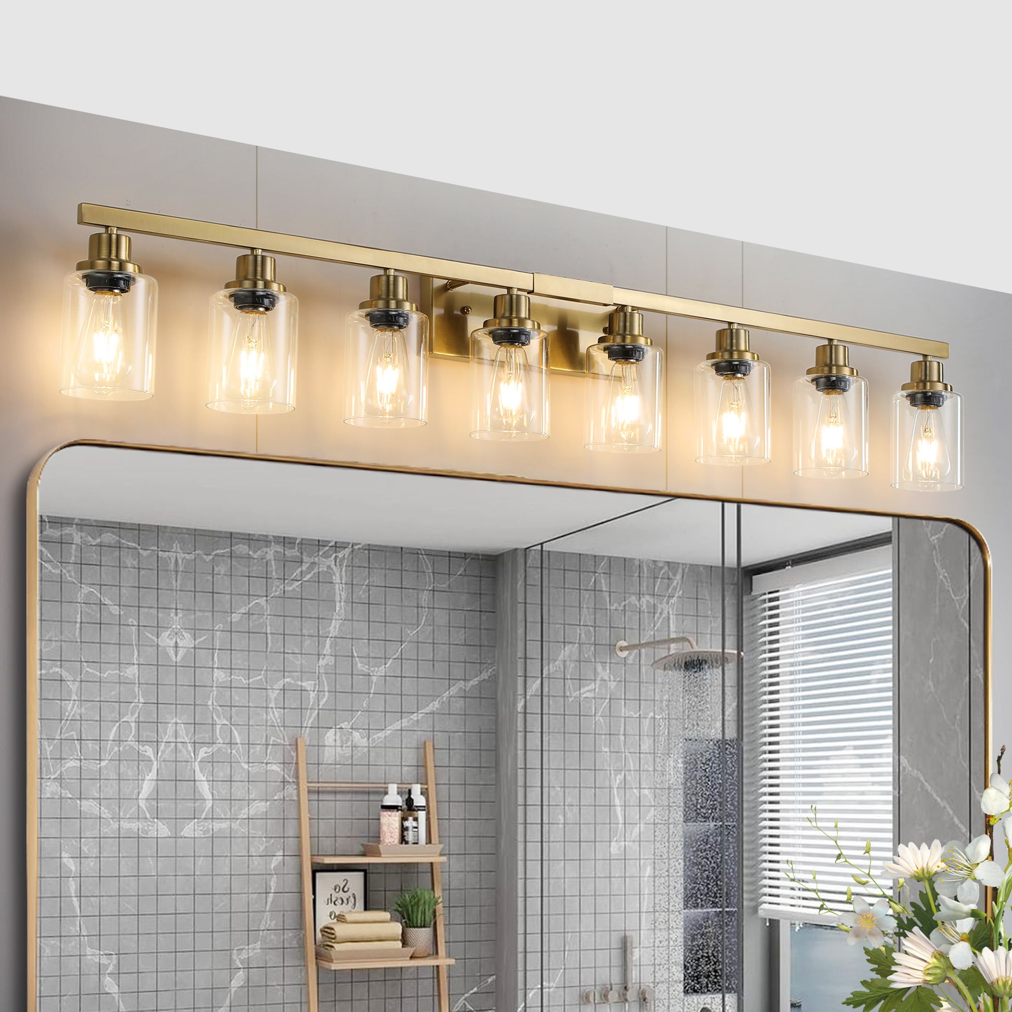d01027hhy7y.jpg 51" Golden 8-Light Vanity Light with Clear Glass Shades, Modern Iron Metal Bathroom Wall Fixture for Mirror, Ideal for Bathroom and Dressing Table (No Bulbs) - Image 1