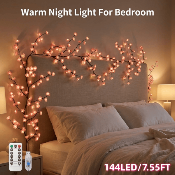 LED Tree Branch Lights for Wall, Cherry Blossom Lights Vine Lights with Remote and 8 Lighting Modes Cherry Blossom Garland Willow Vine for Bedroom Indoor Wall Christmas Decor