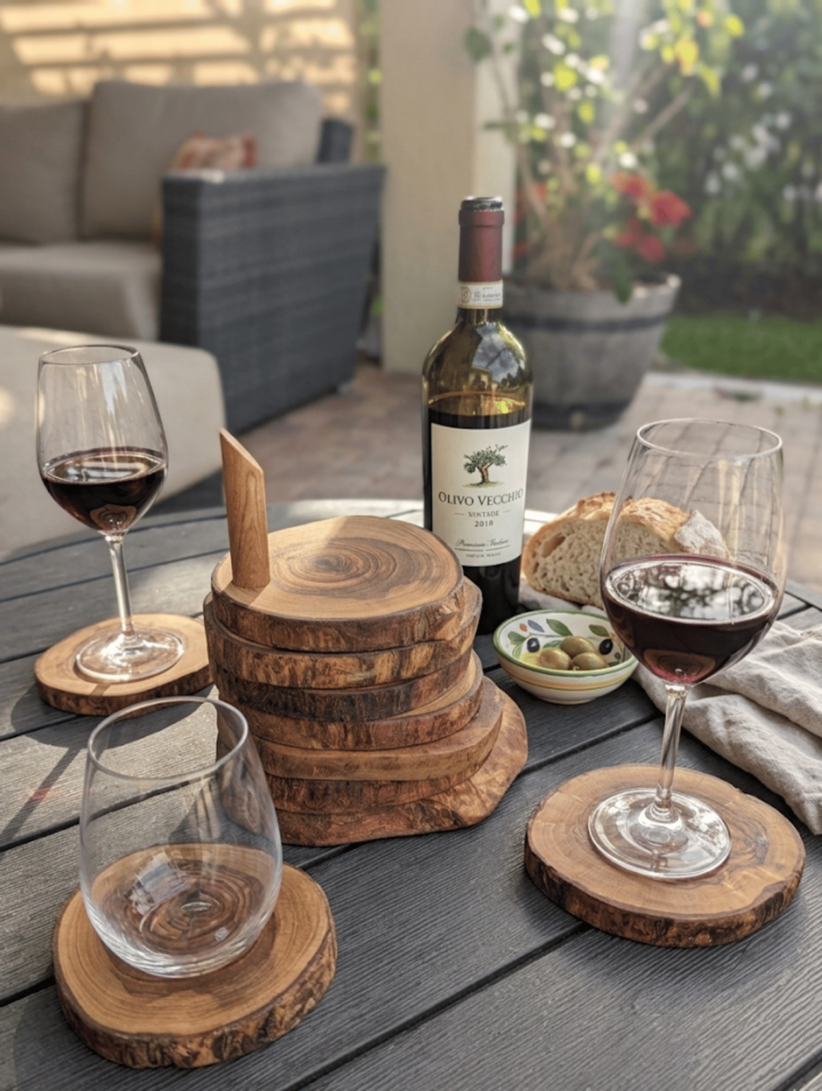 Choixe Hand-Carved Olive Wood Coaster Set with Holder, 7-Piece Heat-Resistant Rustic Drink Coasters for Wooden Table Protection, Elegant Decorative Tabletop Accessories for Home, Kitchen, and Bar - Image 8