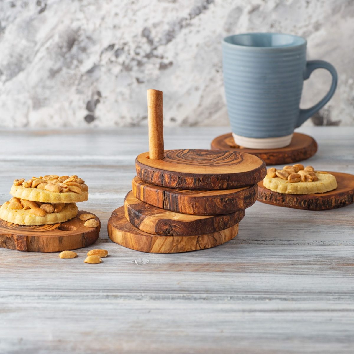 Choixe Hand-Carved Olive Wood Coaster Set with Holder, 7-Piece Heat-Resistant Rustic Drink Coasters for Wooden Table Protection, Elegant Decorative Tabletop Accessories for Home, Kitchen, and Bar - Image 7