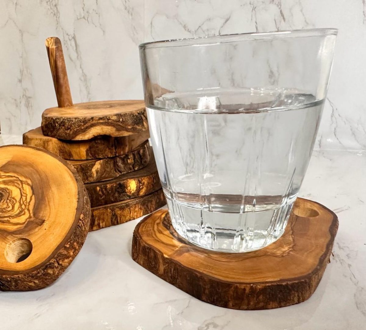 Choixe Hand-Carved Olive Wood Coaster Set with Holder, 7-Piece Heat-Resistant Rustic Drink Coasters for Wooden Table Protection, Elegant Decorative Tabletop Accessories for Home, Kitchen, and Bar - Image 9