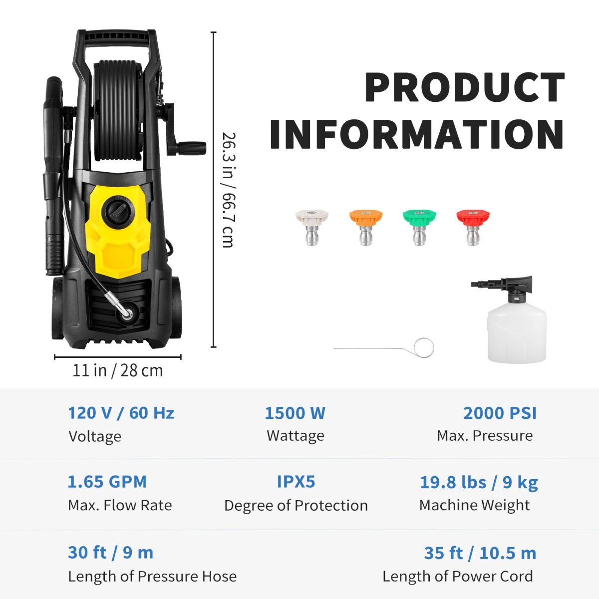 Electric Pressure Washer, 2000 PSI, Max 1.65 GPM Power Washer with 30 ft Hose & Reel, 5 Quick Connect Nozzles, Foam Cannon, Portable to Clean Patios, Cars, Fences, Driveways, ETL Listed - Image 7