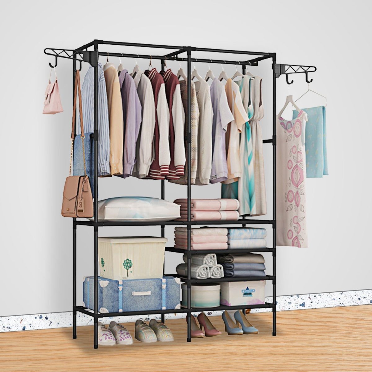 Metal Garment Rack Shoe Clothing Organizer Shelves Freestanding Multifunctional Clothes Wardrobe - Image 11