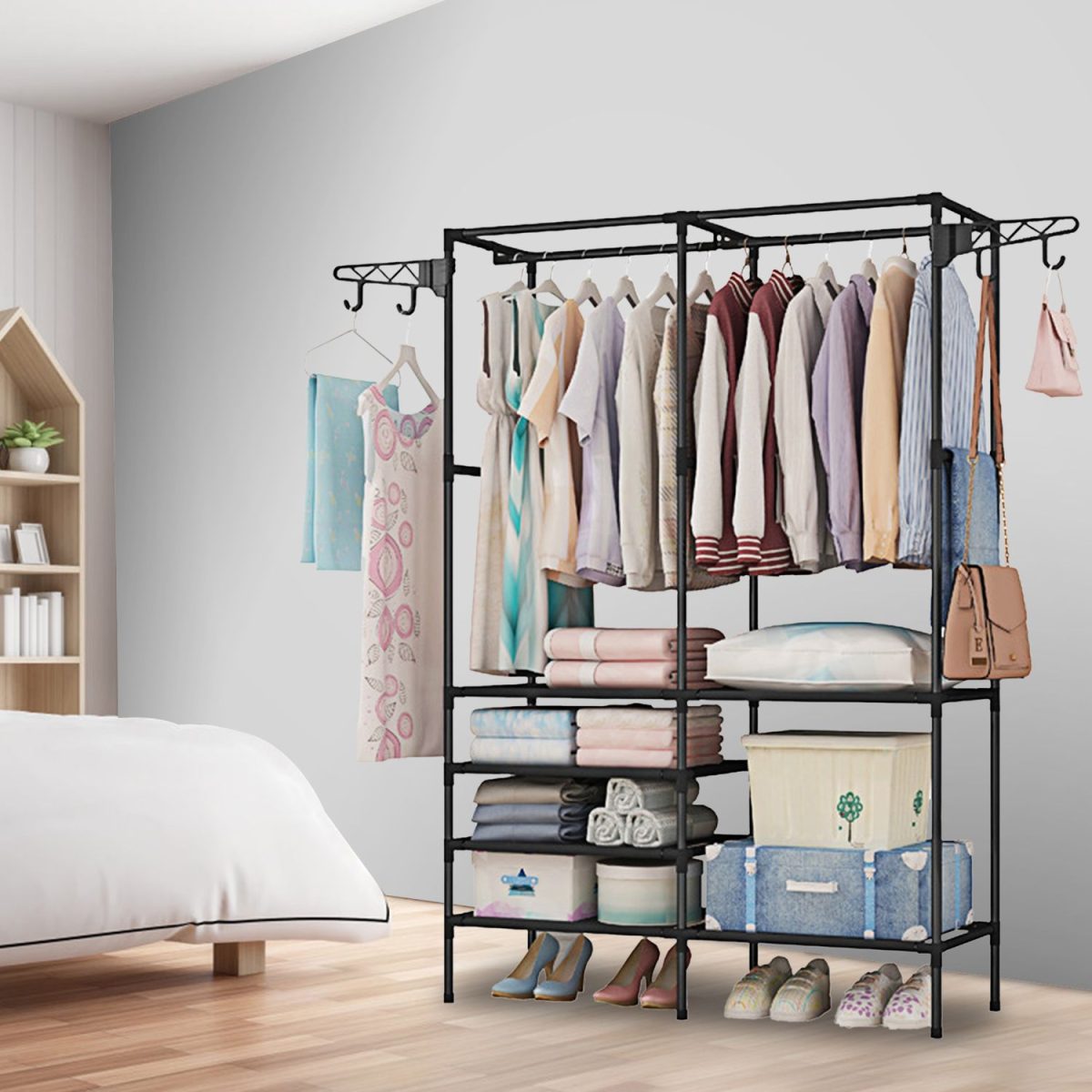 Metal Garment Rack Shoe Clothing Organizer Shelves Freestanding Multifunctional Clothes Wardrobe - Image 14