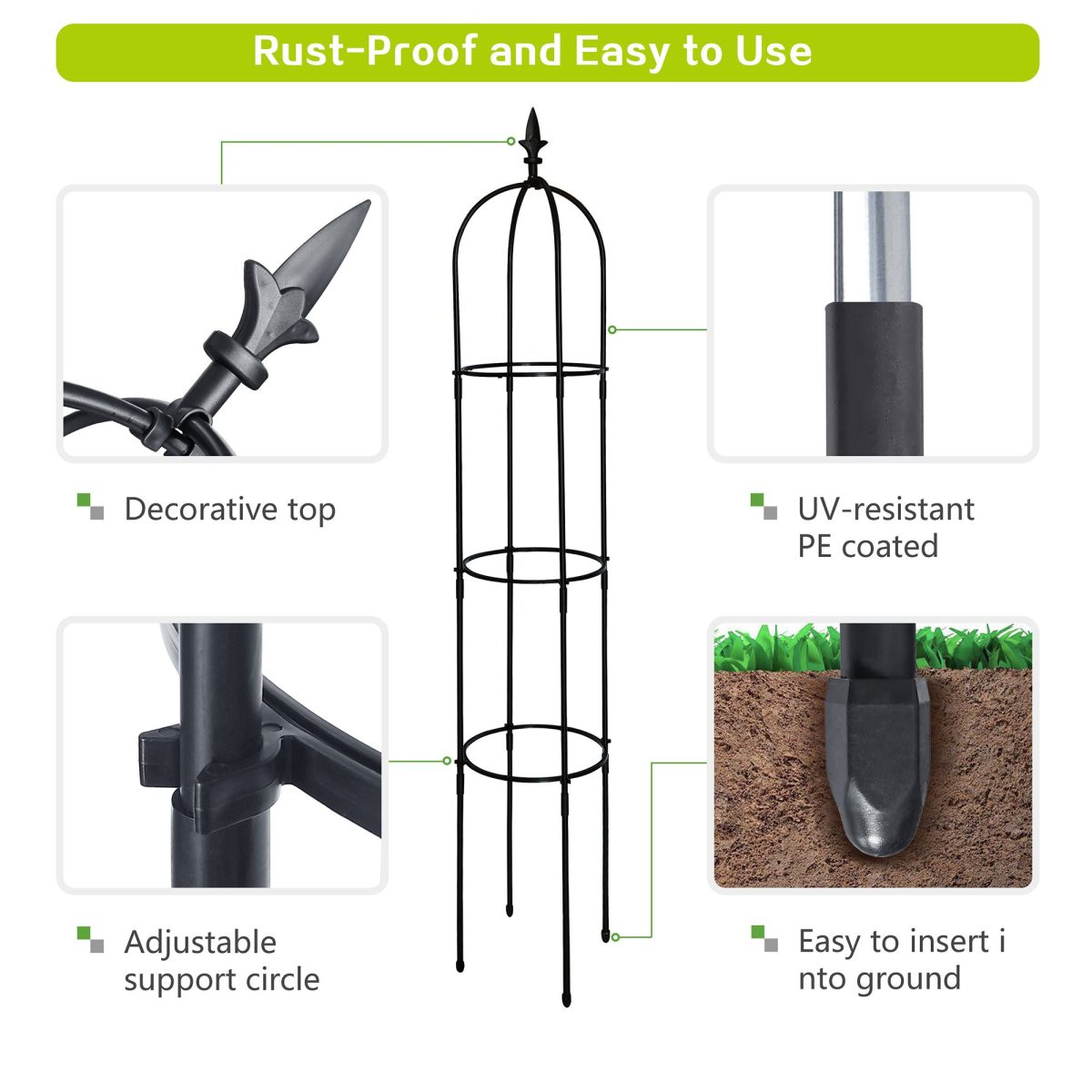 6.2ft Garden Obelisk Trellis; Lightweight Rustproof Plastic Coated Metal Tall Tower Trellis Stand - Image 5