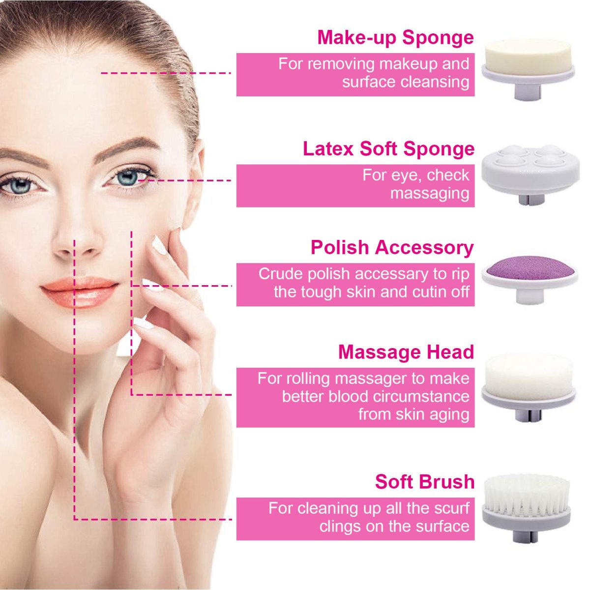 Facial Cleansing Brush Waterproof Face Spin Cleaning Brush with 5 Brush Heads - Image 3