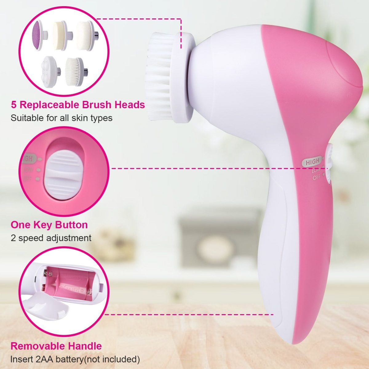 Facial Cleansing Brush Waterproof Face Spin Cleaning Brush with 5 Brush Heads - Image 8