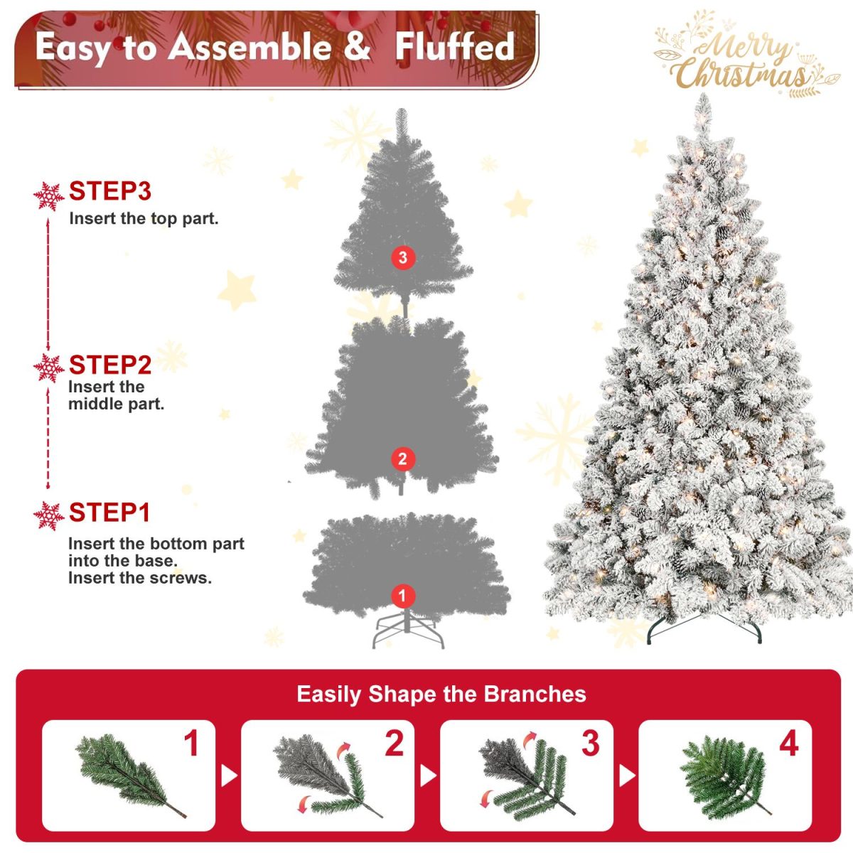 4.5 ft Prelit Flocked Christmas Tree with Pine Cones & 250 UL Lights, Snow Frosted Artificial Christmas Tree with Auto Hinged Branches for Holiday Decor - Image 2