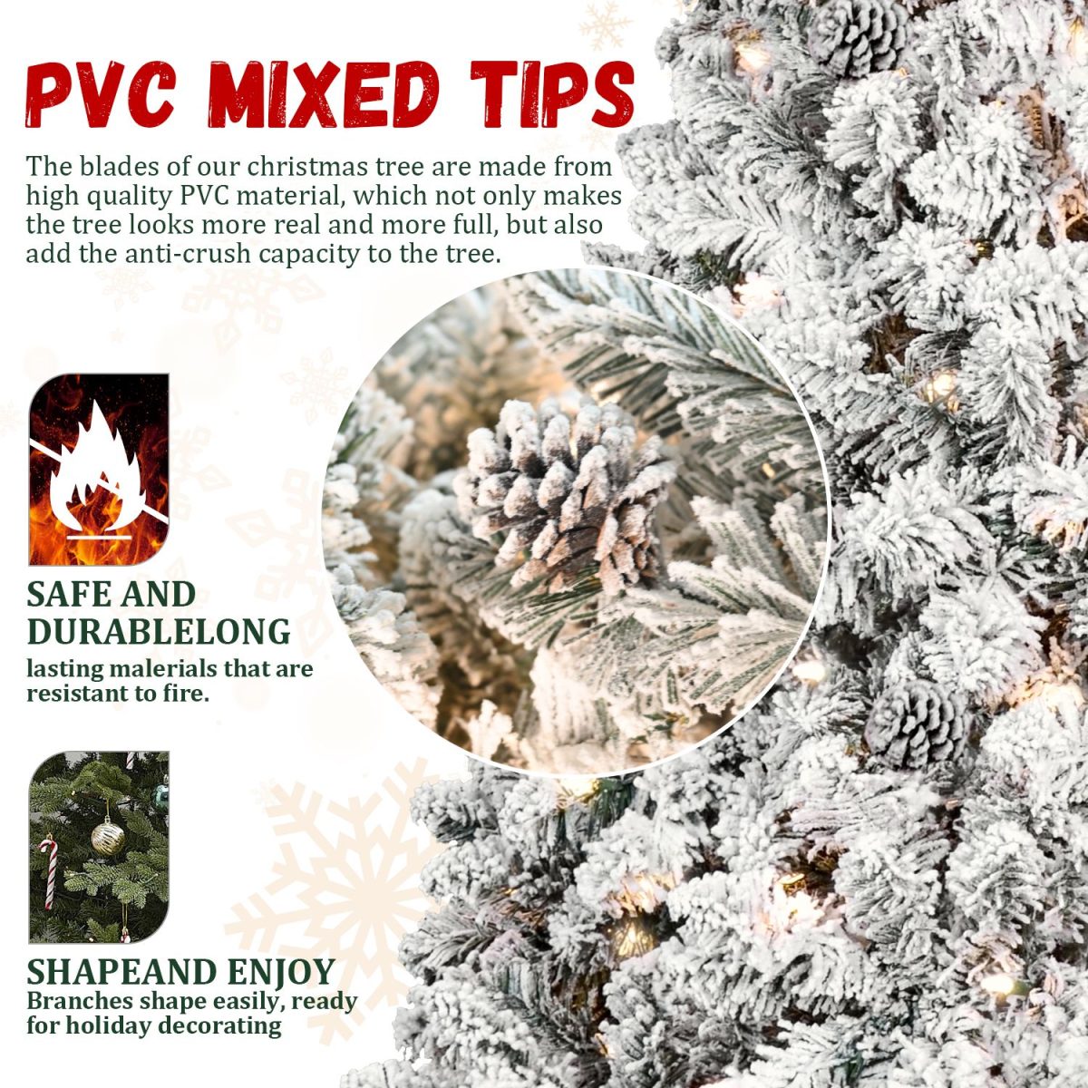 4.5 ft Prelit Flocked Christmas Tree with Pine Cones & 250 UL Lights, Snow Frosted Artificial Christmas Tree with Auto Hinged Branches for Holiday Decor - Image 3