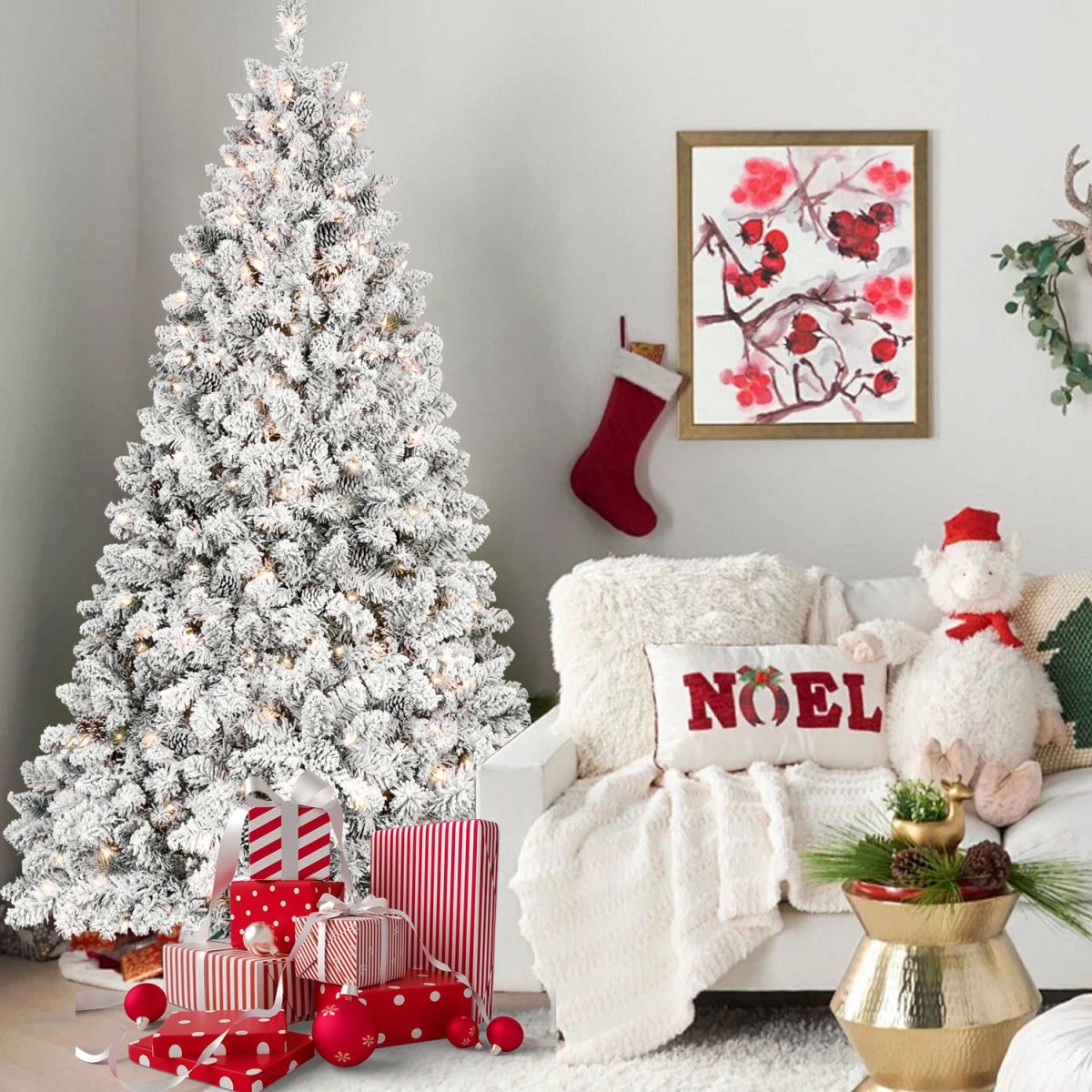 4.5 ft Prelit Flocked Christmas Tree with Pine Cones & 250 UL Lights, Snow Frosted Artificial Christmas Tree with Auto Hinged Branches for Holiday Decor - Image 4