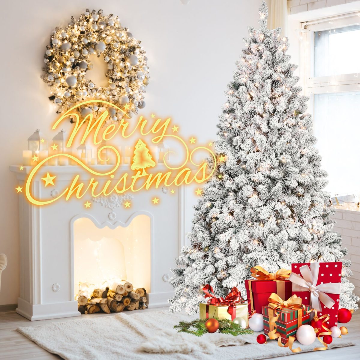 4.5 ft Prelit Flocked Christmas Tree with Pine Cones & 250 UL Lights, Snow Frosted Artificial Christmas Tree with Auto Hinged Branches for Holiday Decor - Image 6