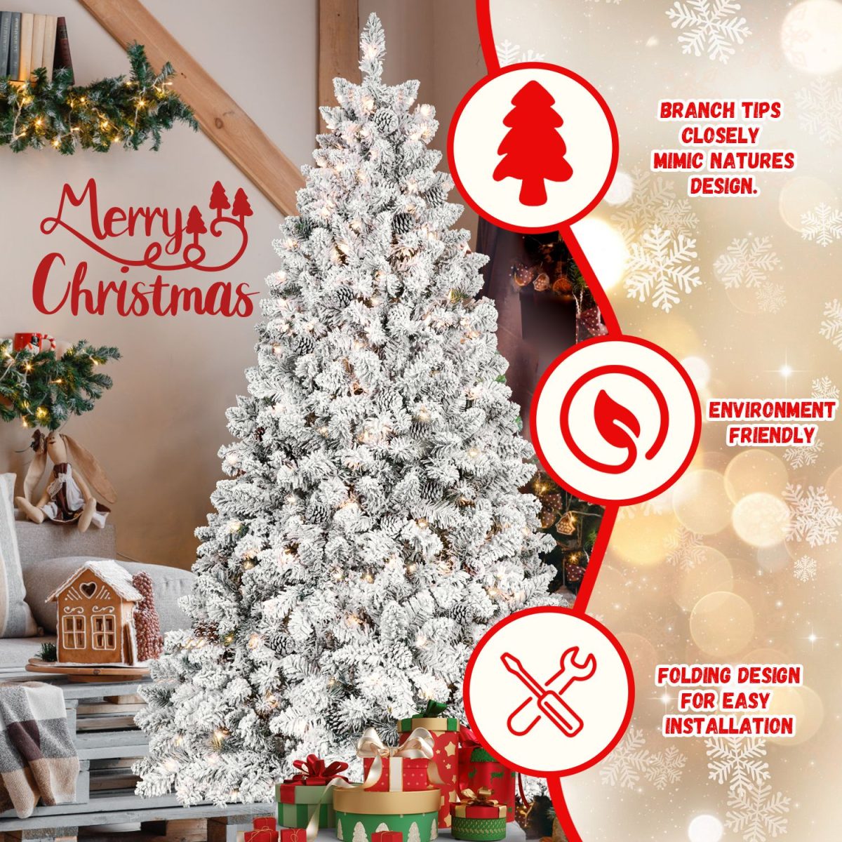 4.5 ft Prelit Flocked Christmas Tree with Pine Cones & 250 UL Lights, Snow Frosted Artificial Christmas Tree with Auto Hinged Branches for Holiday Decor - Image 7