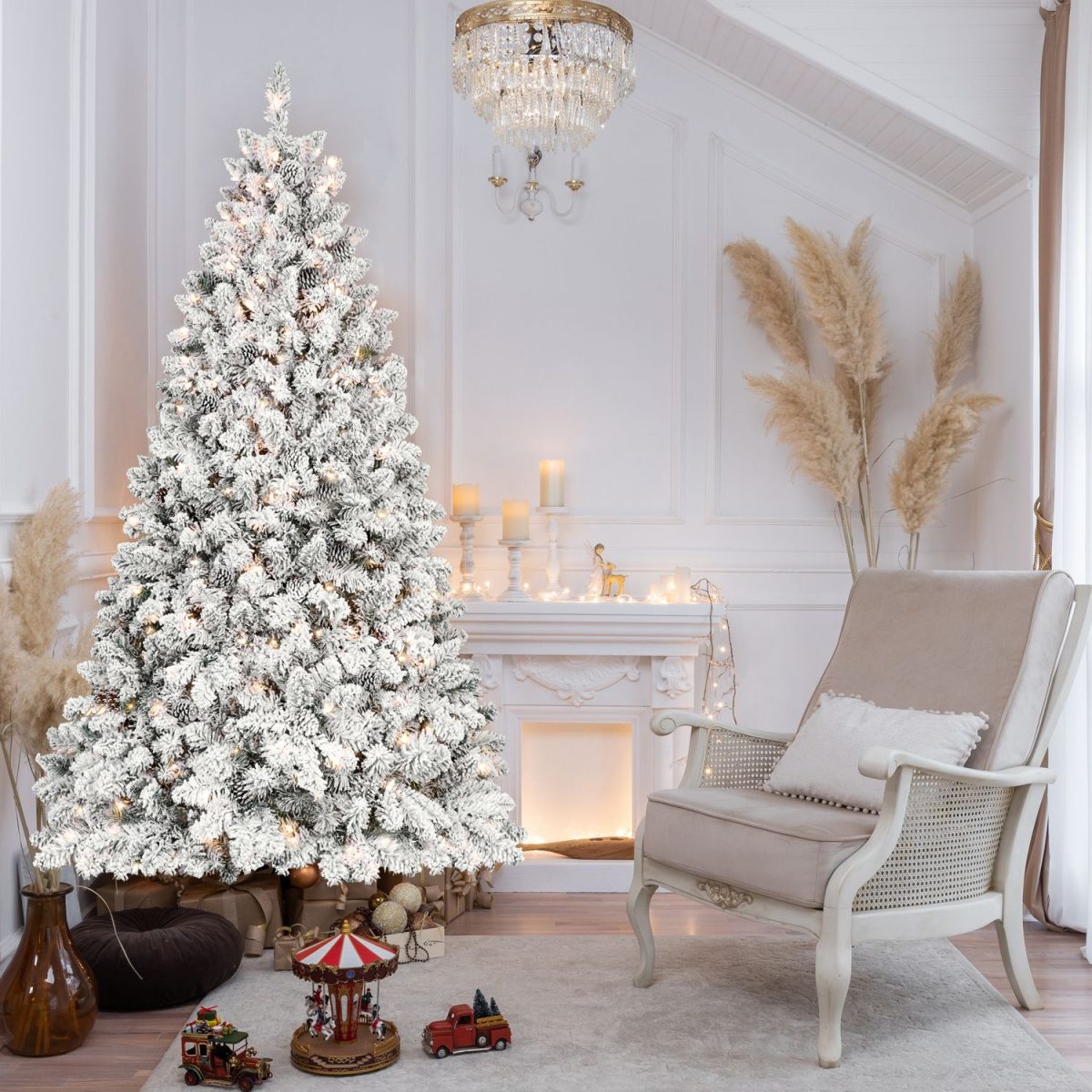 4.5 ft Prelit Flocked Christmas Tree with Pine Cones & 250 UL Lights, Snow Frosted Artificial Christmas Tree with Auto Hinged Branches for Holiday Decor - Image 8