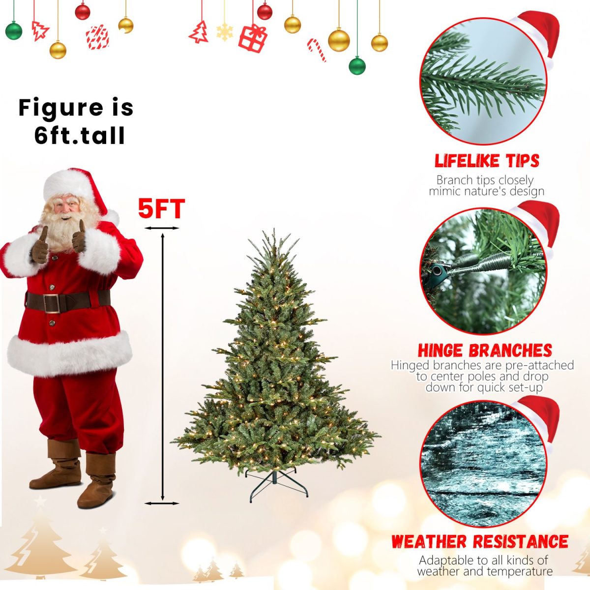 5FT Pre-Lit Christmas Tree, Artificial Fake Christmas Tree with 350 Lights, 1129 PE & PVC Mixed Branch Tips, Xmas Tree for Indoor and Outdoor Holiday Decoration - Image 2