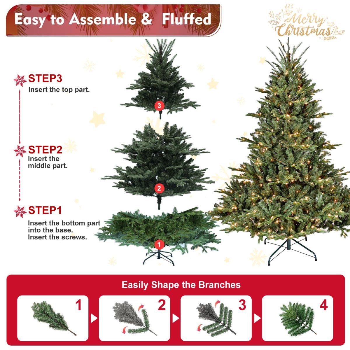 5FT Pre-Lit Christmas Tree, Artificial Fake Christmas Tree with 350 Lights, 1129 PE & PVC Mixed Branch Tips, Xmas Tree for Indoor and Outdoor Holiday Decoration - Image 3