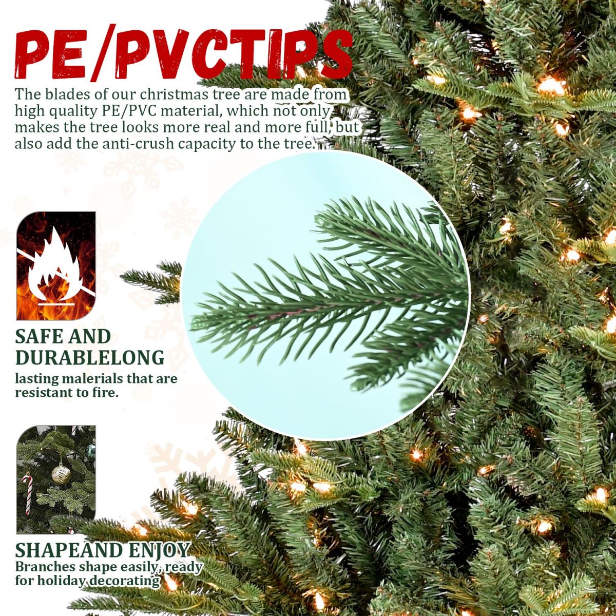 5FT Pre-Lit Christmas Tree, Artificial Fake Christmas Tree with 350 Lights, 1129 PE & PVC Mixed Branch Tips, Xmas Tree for Indoor and Outdoor Holiday Decoration - Image 4