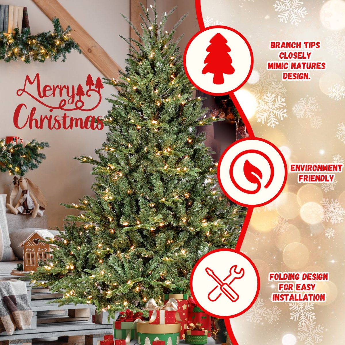5FT Pre-Lit Christmas Tree, Artificial Fake Christmas Tree with 350 Lights, 1129 PE & PVC Mixed Branch Tips, Xmas Tree for Indoor and Outdoor Holiday Decoration - Image 6