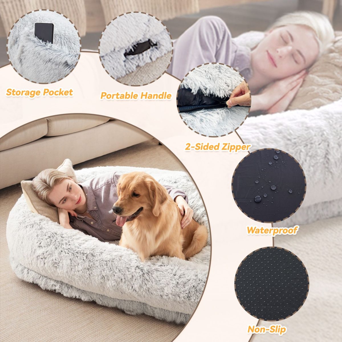 Human Dog Bed, Large Size Fits You and Pets, Washable Faux Fur Dog Bed for People Doze Off, Napping Orthopedic Dog Bed, Present Plump Pillow, Blanket, Strap - Image 40
