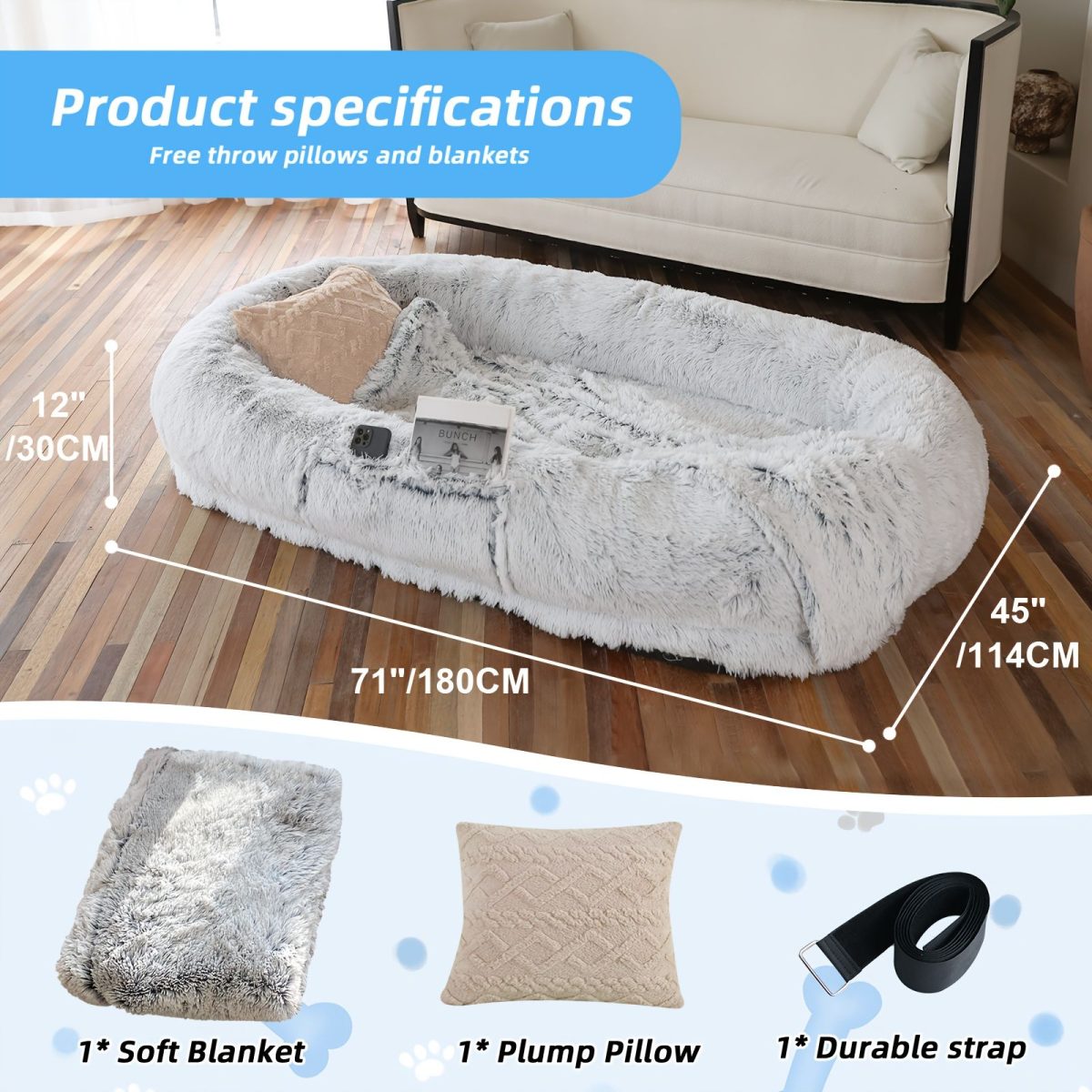 Human Dog Bed, Large Size Fits You and Pets, Washable Faux Fur Dog Bed for People Doze Off, Napping Orthopedic Dog Bed, Present Plump Pillow, Blanket, Strap - Image 44