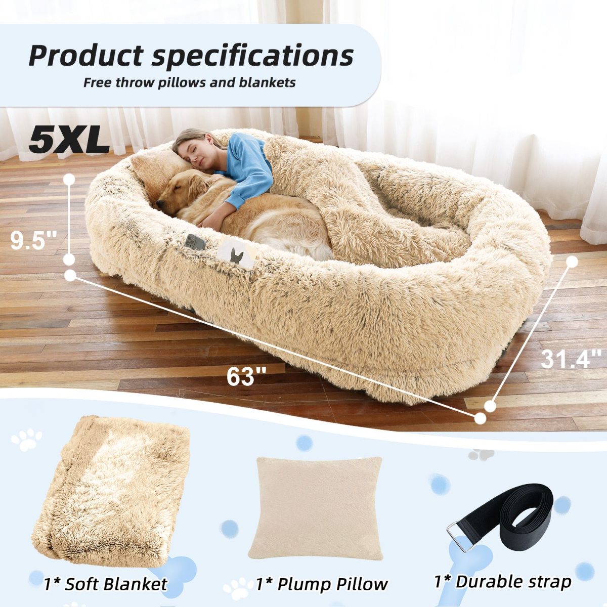 Human Dog Bed, Large Size Fits You and Pets, Washable Faux Fur Dog Bed for People Doze Off, Napping Orthopedic Dog Bed, Present Plump Pillow, Blanket, Strap - Image 61