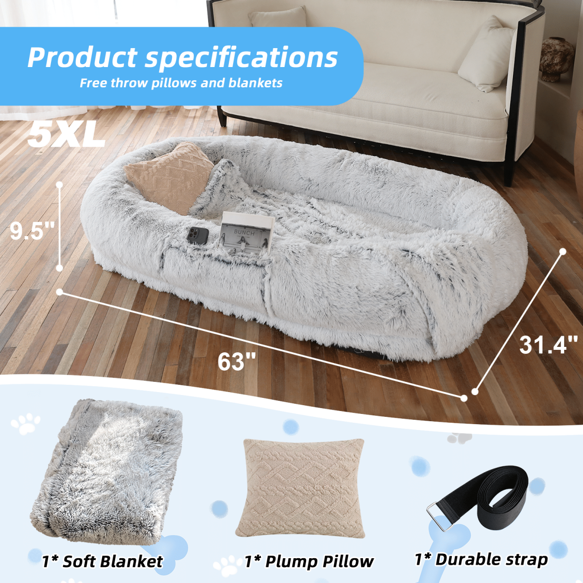 Human Dog Bed, Large Size Fits You and Pets, Washable Faux Fur Dog Bed for People Doze Off, Napping Orthopedic Dog Bed, Present Plump Pillow, Blanket, Strap - Image 25