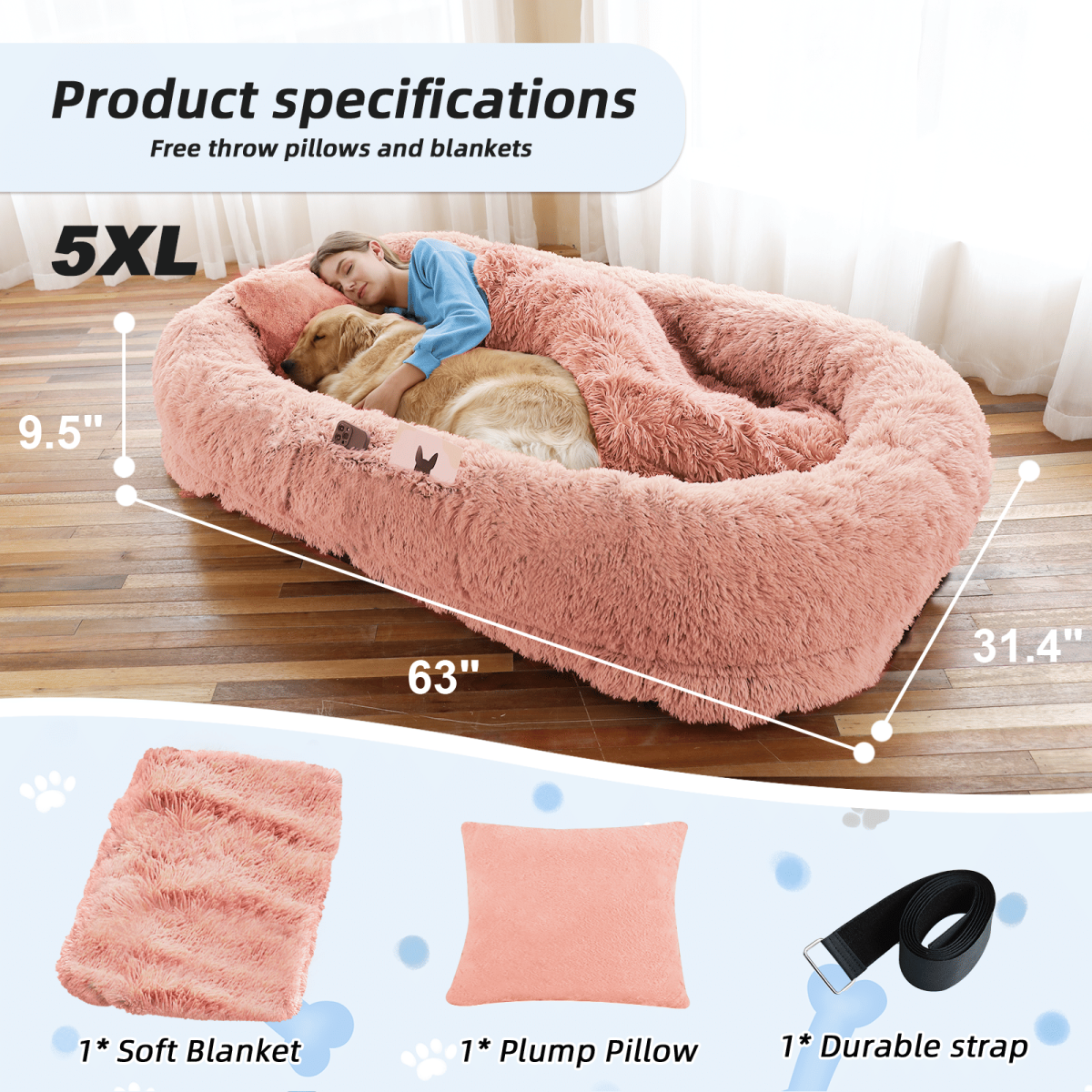 Human Dog Bed, Large Size Fits You and Pets, Washable Faux Fur Dog Bed for People Doze Off, Napping Orthopedic Dog Bed, Present Plump Pillow, Blanket, Strap - Image 28