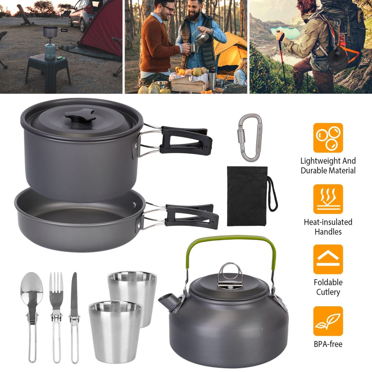 12Pcs Camping Cookware Set Camping Stove Aluminum Pot Pans Kit for Hiking Picnic Outdoor with Cup Fork Spoon Knife - Image 11