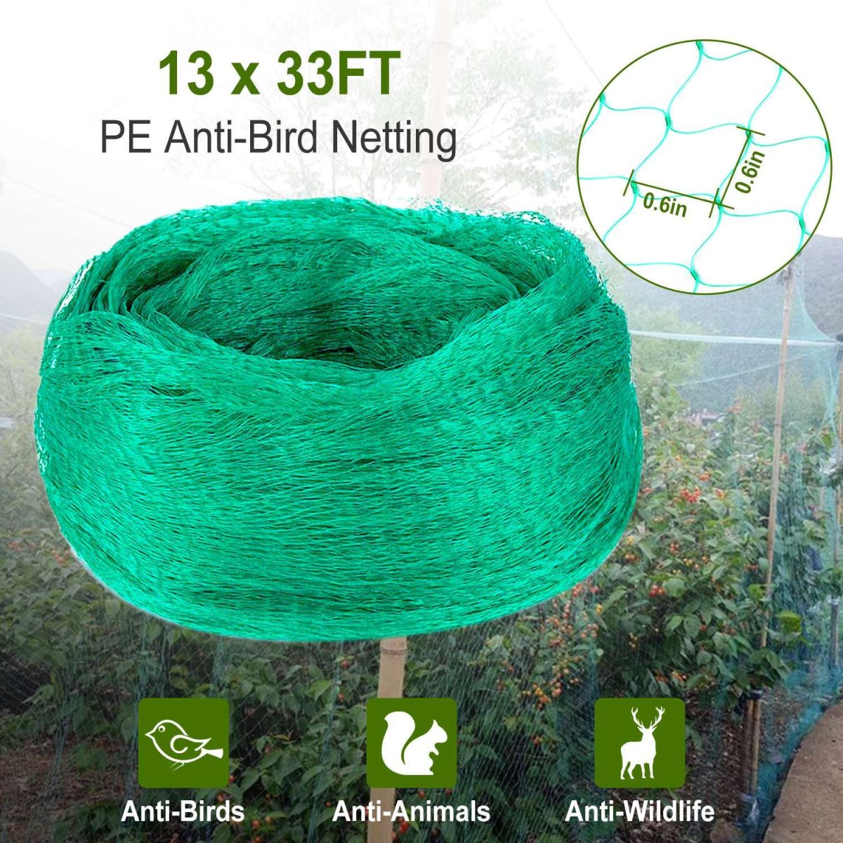13x33ft Heavy-Duty PE Garden Netting, 430sqft Bird and Animal Protection, 0.6in x 0.6in Mesh, UV-Resistant, Multi-Purpose for Plants - Image 4