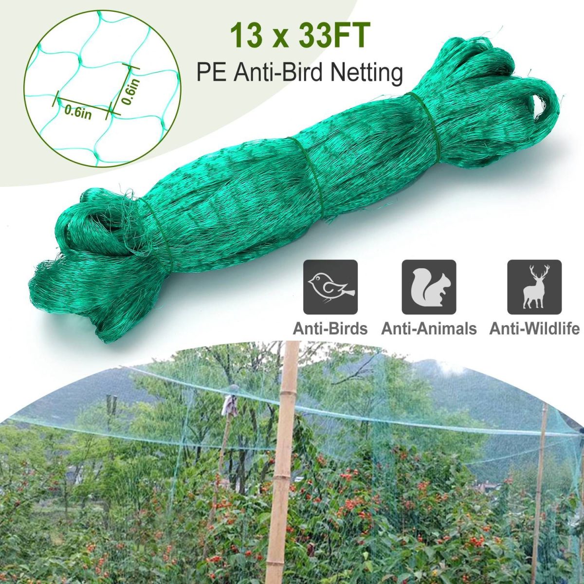13x33ft Heavy-Duty PE Garden Netting, 430sqft Bird and Animal Protection, 0.6in x 0.6in Mesh, UV-Resistant, Multi-Purpose for Plants - Image 5