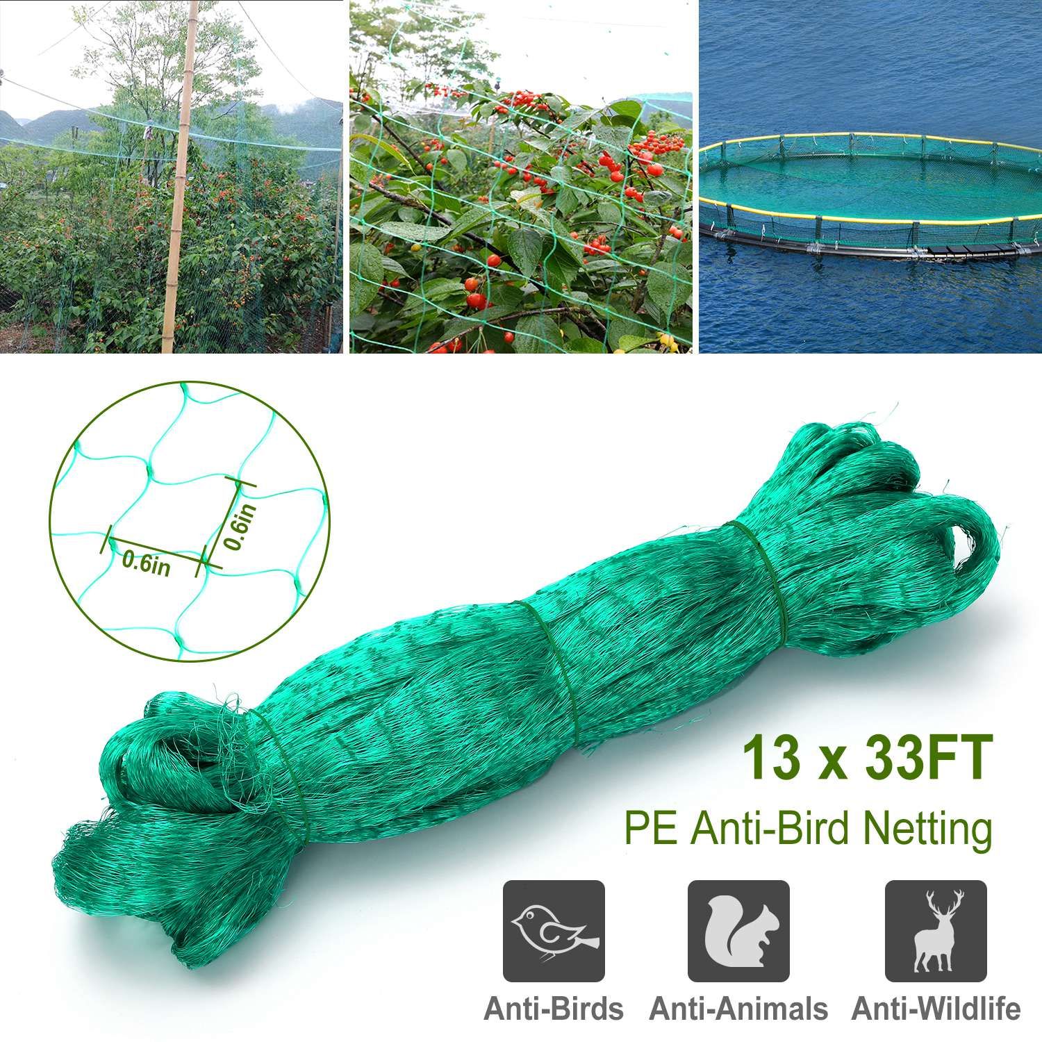 d0102xtzs8v.jpg 13x33ft Heavy-Duty PE Garden Netting, 430sqft Bird and Animal Protection, 0.6in x 0.6in Mesh, UV-Resistant, Multi-Purpose for Plants - Image 1