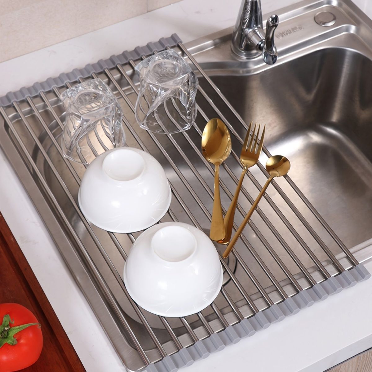 1pc Roll Up Dish Drying Rack; 17.7in*11in; Foldable Rolling Dish Drainer Over The Sink; Drying Rack; SUS304 Stainless Steel Sink Rack For Kitchen Counter Of Various Sizes - Image 11