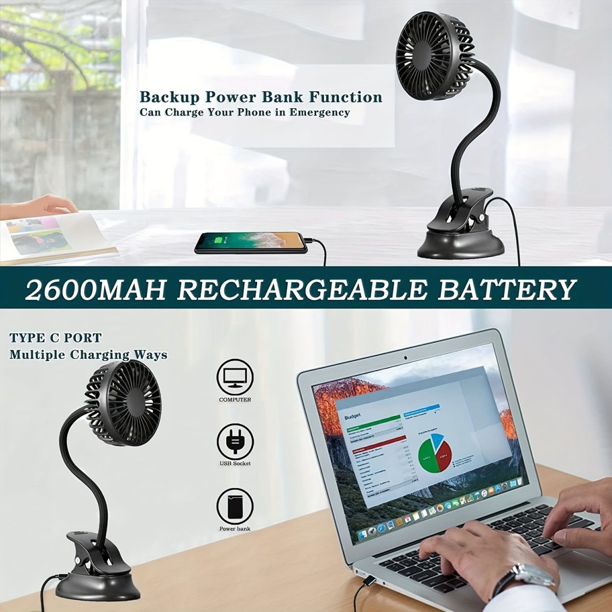 Portable Clip-on Push-pull Fan 3 Speed Setting Flexible Bendable USB Rechargeable Operation Silent Desktop Fan Desktop Mini Small Fan - Image 4