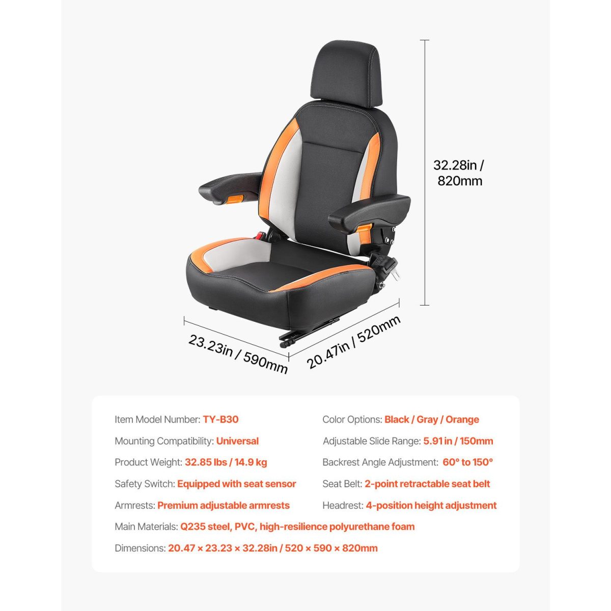 Universal Forklift Seat, Tractor Seat with Adjustable Back, Armrest, Headrest & Safety Belt, Secure Tractor Seat with Micro Switch, Ergonomic Lawnmower Seat for Skid Loader Bulldozer - Image 4