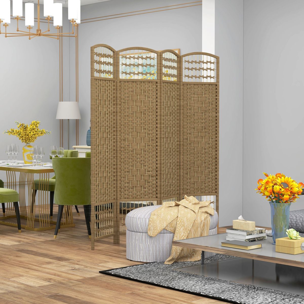 4-Panel Folding Room Divider Natural Wave Fiber Portable Privacy Screen for Home Office - Image 2