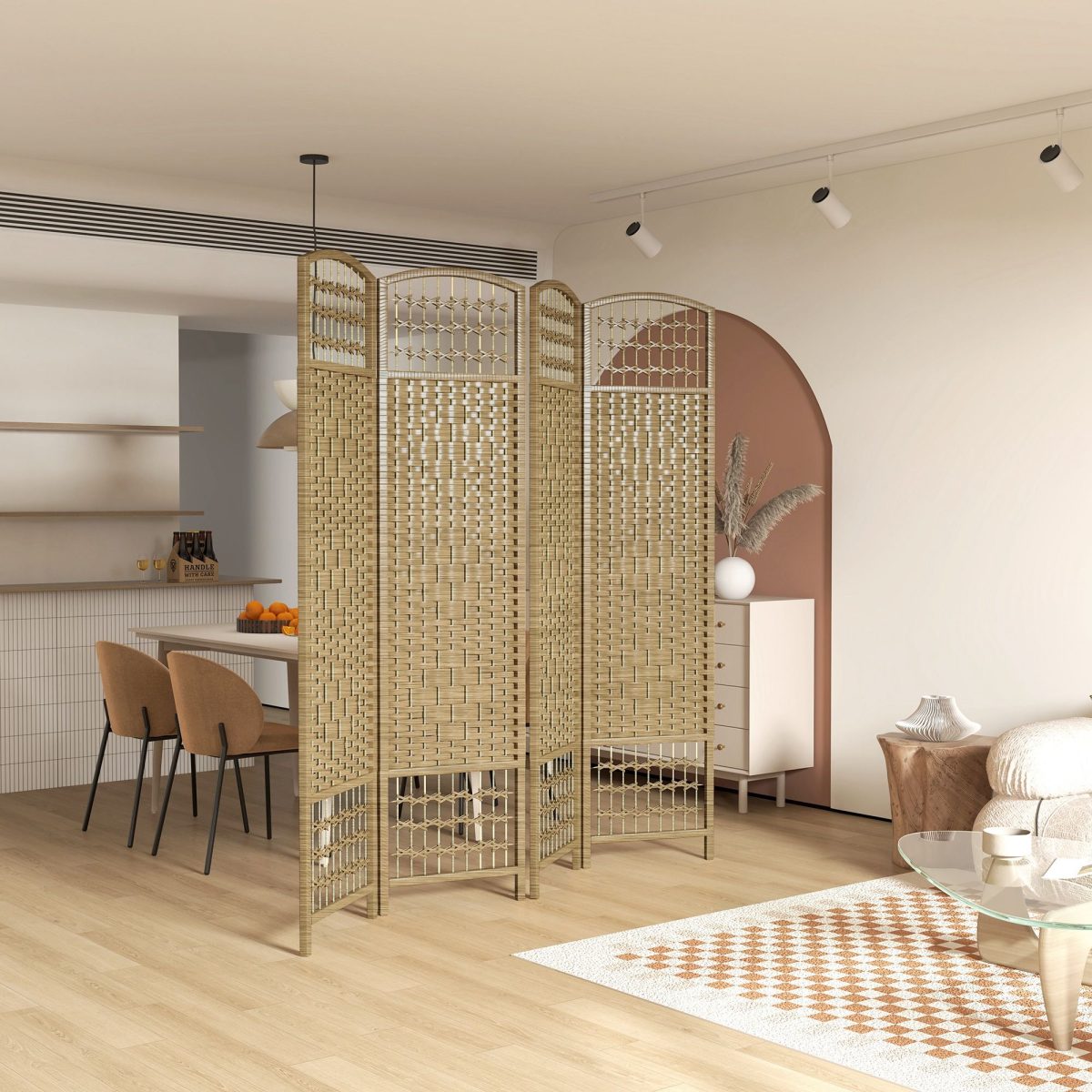 4-Panel Folding Room Divider Natural Wave Fiber Portable Privacy Screen for Home Office - Image 10