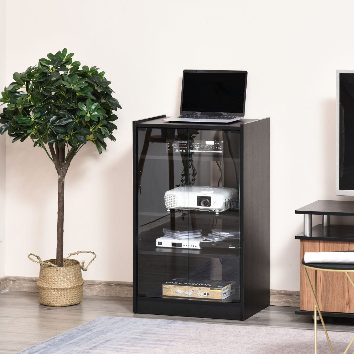 5-Tier Media Stand Cabinet with Adjustable Shelves, Tempered Glass Door for TV Gaming Consoles DVD Player Receiver, Black - Image 2