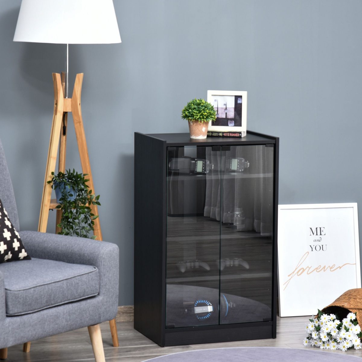 5-Tier Media Stand Cabinet with Adjustable Shelves, Tempered Glass Door for TV Gaming Consoles DVD Player Receiver, Black - Image 10