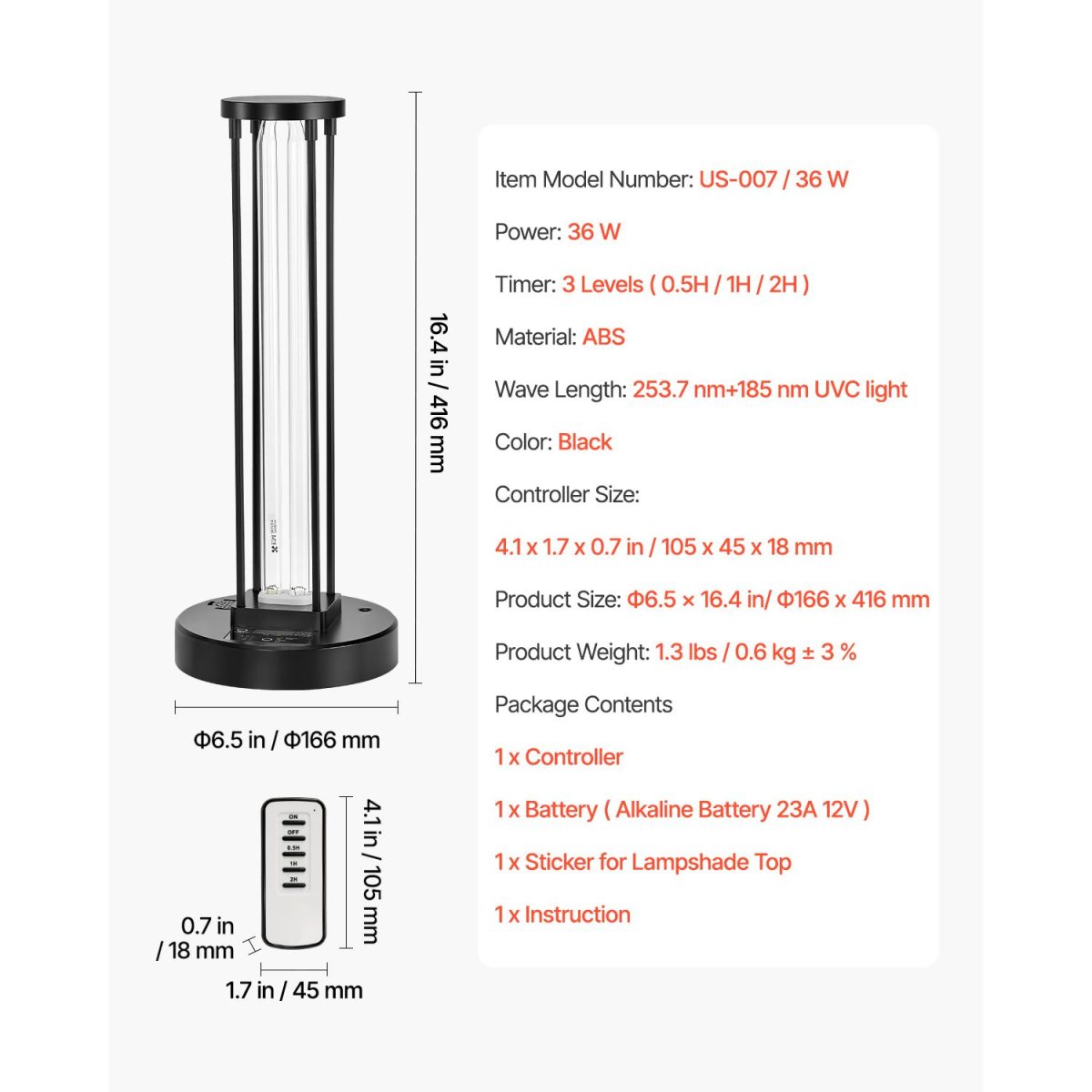 UV Light, 36W Ultraviolet Lamp with Ozone Purifier, UVC Lamp with 30/60/120 Minutes 3-Gear Timer and Remote Control, for Room up to 400 sqft, UVO Lights for Living Room, Bedroom, Hotel, School - Image 9