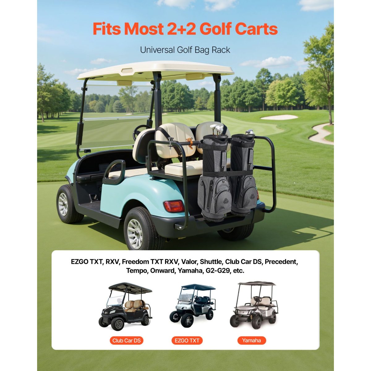 Golf Cart Bag Holder, 53.9 x 7.7 x 2.4 Inch, Compatible with Most 2+2 Golf Cart Rear Seat with 1.2-Inch Square Tubes, Adjustable Rear Seat Carts Club Holder with Strap, No Drilling Required - Image 2